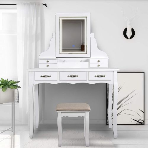  SCYL Color Your Life Vanity Table Set with Lighted LED Mirror,7 Drawers Makeup Dressing Table with Cushioned Stool,Easy Assembly