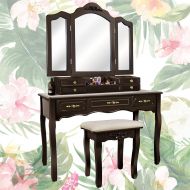 SCYL Color Your Life Tri Folding Mirror Vanity Table Set Dressing Table with Cushioned Stool& 7 Storage Drawer Wood Furniture