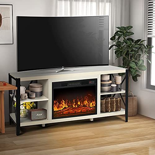  SCYL Color Your Life Fireplace TV Stand for TVs up to 65 ,Wood Entertainment Center with 2 Open Shelves, Metal X TV Console for Living Room (White Oak)