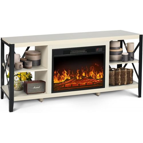  SCYL Color Your Life Fireplace TV Stand for TVs up to 65 ,Wood Entertainment Center with 2 Open Shelves, Metal X TV Console for Living Room (White Oak)