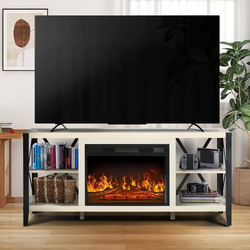  SCYL Color Your Life Fireplace TV Stand for TVs up to 65 ,Wood Entertainment Center with 2 Open Shelves, Metal X TV Console for Living Room (White Oak)