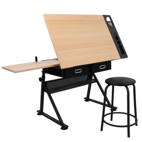  SD ZENY Height Adjustable Drafting Draft Desk Drawing Table Desk Tiltable Tabletop w/Stool and Storage Drawer for Reading, Writing Art Craft Work Station