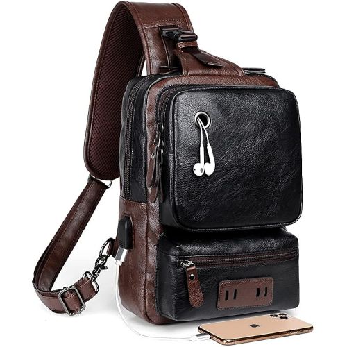  SDIYABOLO Small Black Sling Crossbody Backpack Shoulder Bag for Men Women Vintage PU Leather Sling Backpack Cycling USB Charger