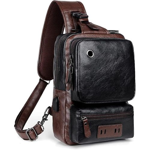  SDIYABOLO Small Black Sling Crossbody Backpack Shoulder Bag for Men Women Vintage PU Leather Sling Backpack Cycling USB Charger