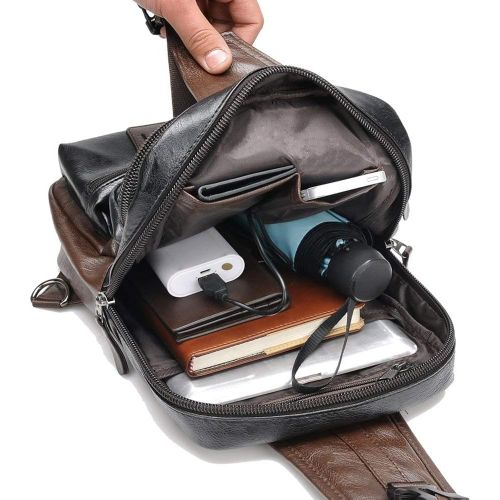  SDIYABOLO Small Black Sling Crossbody Backpack Shoulder Bag for Men Women Vintage PU Leather Sling Backpack Cycling USB Charger