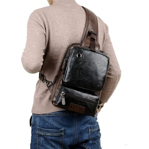  SDIYABOLO Small Black Sling Crossbody Backpack Shoulder Bag for Men Women Vintage PU Leather Sling Backpack Cycling USB Charger