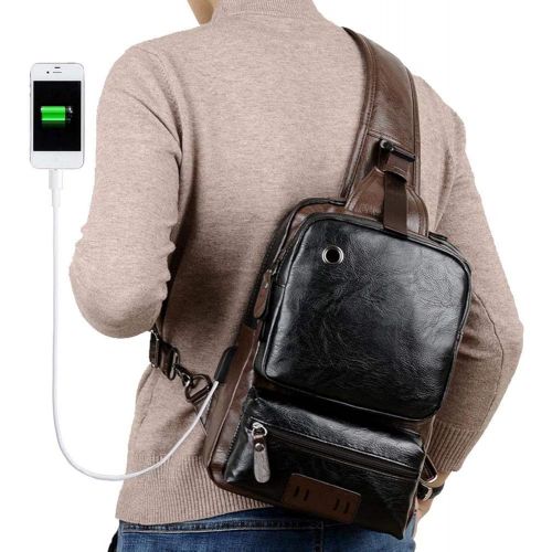  SDIYABOLO Small Black Sling Crossbody Backpack Shoulder Bag for Men Women Vintage PU Leather Sling Backpack Cycling USB Charger