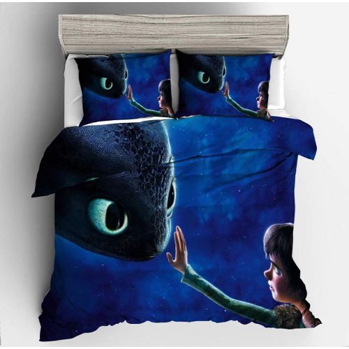  SDZSH 3 Pieces Lightweight Microfiber Bedding Set 3D Printed How to Train Your Dragon Pattern Duvet Cover Set (Full Size) for Boys, Kids, Teens. NO Comforter.