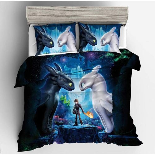  SDZSH 3 Pieces Lightweight Microfiber Bedding Set 3D Printed How to Train Your Dragon Pattern Duvet Cover Set (Full Size) for Boys, Kids, Teens. NO Comforter.