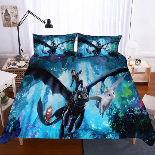  SDZSH 3 Pieces Lightweight Microfiber Bedding Set 3D Printed How to Train Your Dragon Pattern Duvet Cover Set (Full Size) for Boys, Kids, Teens. NO Comforter.