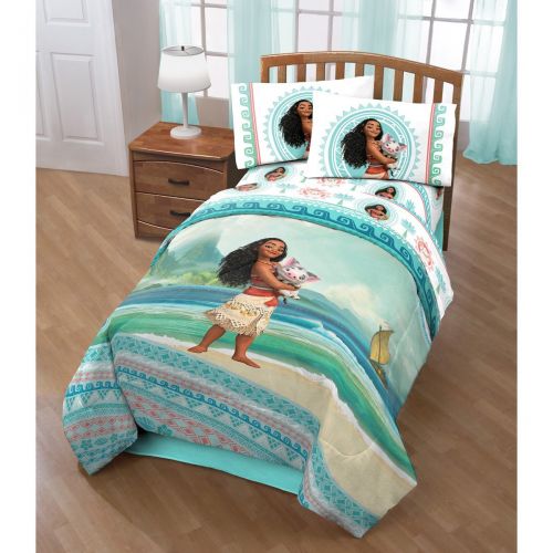  SE 4 Piece Disney Moana The Wave Patterned Reversible Comforter Set Twin Size, Printed Bright Island Princess Pua Pig Coastal Beach Bedding, Whimsical Modern Nature Lover Kids Bedroom