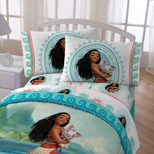  SE 4 Piece Disney Moana The Wave Patterned Reversible Comforter Set Twin Size, Printed Bright Island Princess Pua Pig Coastal Beach Bedding, Whimsical Modern Nature Lover Kids Bedroom