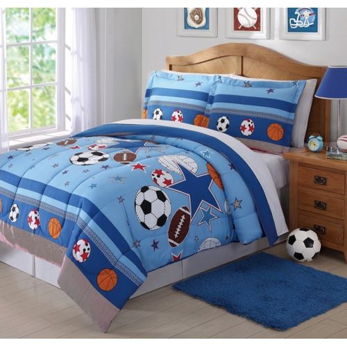  SE 3 Piece Vibrant Sports Athletic Design Comforter Set Full/Queen Size, Featuring Basketballs Soccer Bowling Footballs Pattern Bedding, Playful Boys Game Bedroom Decoration, Blue, Wh