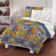 SE Dinosaur Animal Bedding Kids Boys 5 Piece Bed in Bag, Patterned Cute Dinosaurs Prints, Species Names, Children Multicolor Blue Orange Reversible Comforter, Sheet Set, Soft Silky Mi