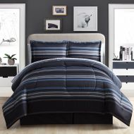 SE 8 Piece Nautical Stripes Pattern Comforter Set Queen Size, Elegance All Over Sporty Stripe Inspired Plaid Design, Checkered Reversible Bedding, for Modern Stylish Bedrooms, Black B