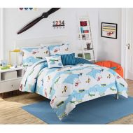 SE 2 Piece Airplanes Helicopters Blimps All Over Design Comforter Set Twin Size, Featuring Transportation Clouds Colorful Graphic Print Bedding, Casual Novelty Playful Boys Bedroom, B