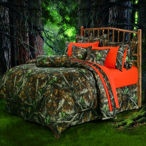  SE 7 Piece Oak Tree Camouflage Motif Damask Comforter Set King Size, Graphic Outdoor Exotic Earthy Camo Print Bedding, Modern Nature Rustic Mountain Cover Theme, Adventurous Boys Bedr