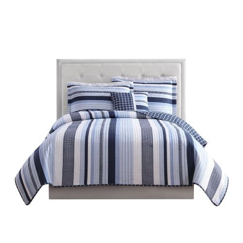  SE 4 Piece Plaid Stripes Pattern Comforter Set Full Size, High-End Stylish Coastal Nautical Stripe-Inspired Vertical Design, Checkered Printed Reversible Bedding, Vibrant Colors Blue