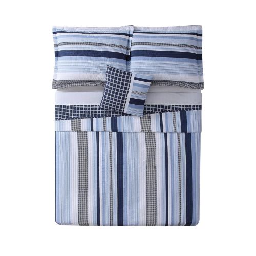  SE 4 Piece Plaid Stripes Pattern Comforter Set Full Size, High-End Stylish Coastal Nautical Stripe-Inspired Vertical Design, Checkered Printed Reversible Bedding, Vibrant Colors Blue