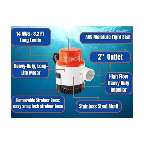  SEAFLO 01-Series Bilge Pump- 4700 GPH, 12v, Submersible Heavy-Duty Electric Bilge Pump