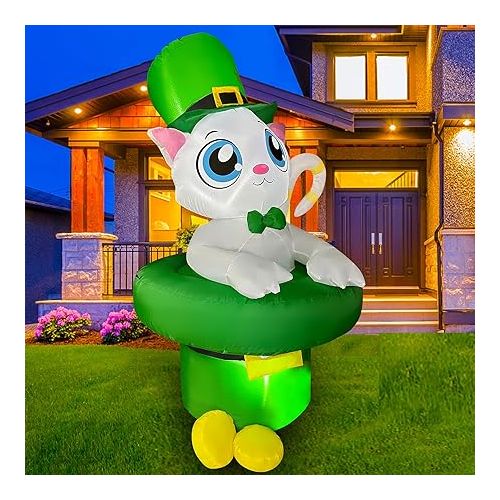  SEASONBLOW 5 Ft LED Inflatable St. Patrick's Day Cat in Hat Decoration with Gold Coin for Home Yard Lawn Garden Indoor Outdoor Holiday Party