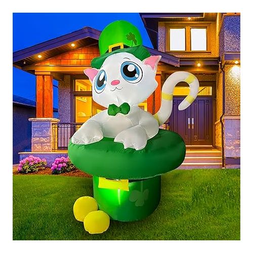  SEASONBLOW 5 Ft LED Inflatable St. Patrick's Day Cat in Hat Decoration with Gold Coin for Home Yard Lawn Garden Indoor Outdoor Holiday Party