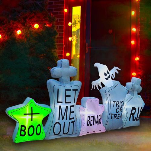  할로윈 용품SEASONBLOW 7 Ft Inflatable Halloween Gravestone Tombstone Graveyard Headstone with Ghost Decoration for Yard Lawn Garden Home Party Indoor Outdoor Holiday Decor