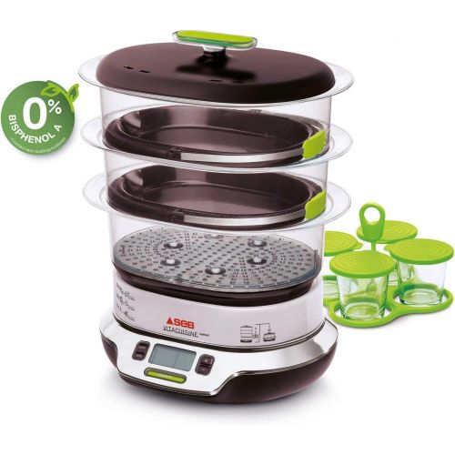  [아마존베스트]SEB VitaCuisine Compact Steamer, 3 Steamer Baskets, BPA-Free, 2 Hot Plates, Glasses, Egg Tray, Recipe Book, Ultra Compact, Patented VS405E00