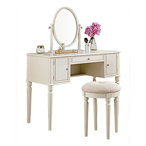  SEESUU Dressing Table with Mirror Vanity Mirrored Makeup 3 Drawers Table with Stool Set Wooden Console Jewellery Cabinet Drawers Organizer 42”X18”X51.2”, White