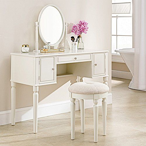  SEESUU Dressing Table with Mirror Vanity Mirrored Makeup 3 Drawers Table with Stool Set Wooden Console Jewellery Cabinet Drawers Organizer 42”X18”X51.2”, White