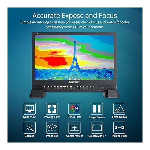  SEETEC 4K156-9HSD 15.6 Inch Broadcast LCD Monitor with IPS UHD 3840x2160 SDI Input and Output 4xHDMI Inputs Quad Split Display