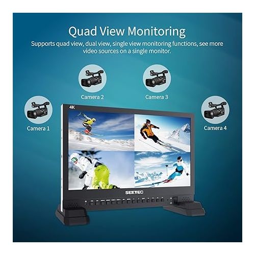  SEETEC 4K156-9HSD 15.6 Inch Broadcast LCD Monitor with IPS UHD 3840x2160 SDI Input and Output 4xHDMI Inputs Quad Split Display