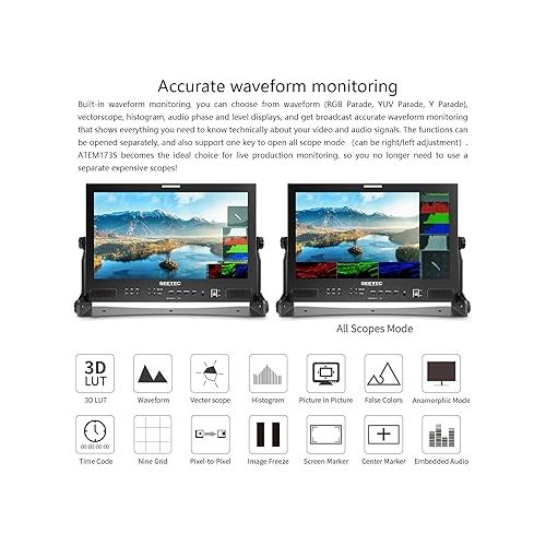  SEETEC ATEM173S 17.3 inch Multi-Camera Broadcast Monitor with 4x3G-SDI Input Output 1 HDMI in Quad Split Display for Studio Television Production Full HD 1920x1080 (ATEM173S)