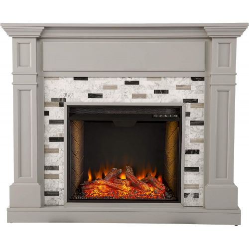  SEI Furniture Birkover Alexa Enabled Fireplace w/ Marble Surround, Gray/ Black/ White