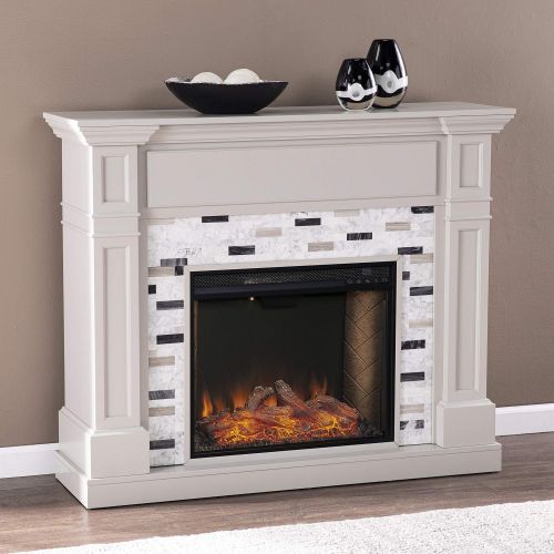  SEI Furniture Birkover Alexa Enabled Fireplace w/ Marble Surround, Gray/ Black/ White