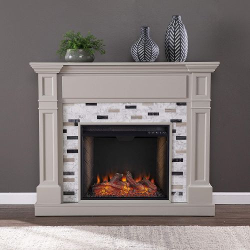  SEI Furniture Birkover Alexa Enabled Fireplace w/ Marble Surround, Gray/ Black/ White