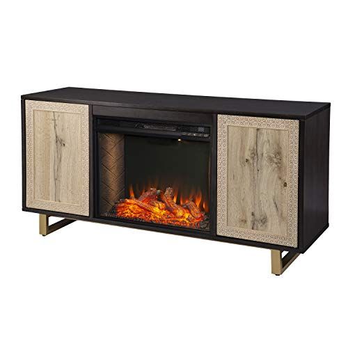  SEI Furniture Wilconia Alexa Smart Media Fireplace w/ Carved Details, Brown/Natural/Gold