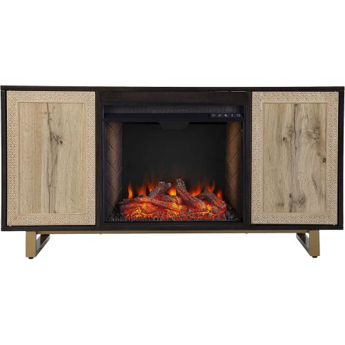  SEI Furniture Wilconia Alexa Smart Media Fireplace w/ Carved Details, Brown/Natural/Gold