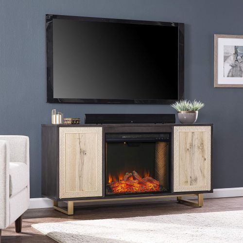  SEI Furniture Wilconia Alexa Smart Media Fireplace w/ Carved Details, Brown/Natural/Gold