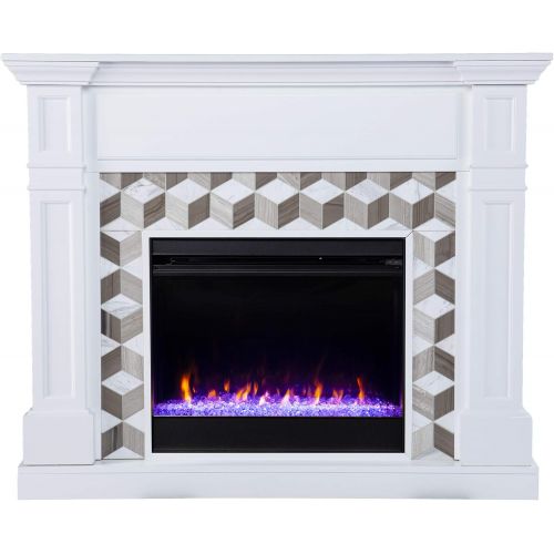  SEI Furniture Darvingmore Color Changing Fireplace w/ Marble Surround, White/ Brown