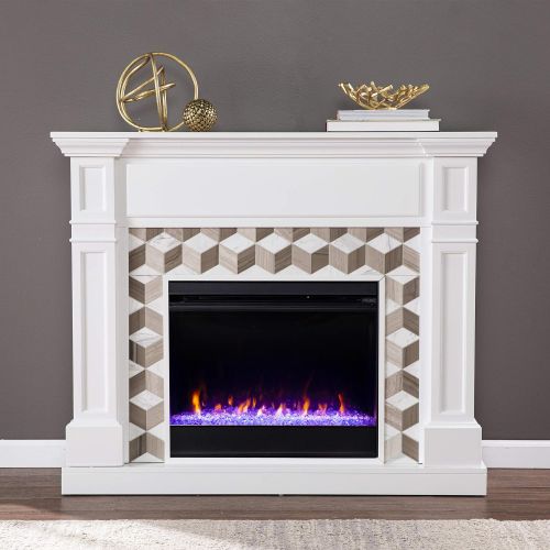  SEI Furniture Darvingmore Color Changing Fireplace w/ Marble Surround, White/ Brown