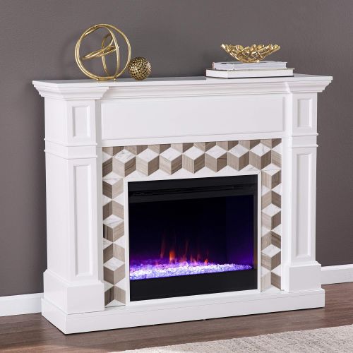  SEI Furniture Darvingmore Color Changing Fireplace w/ Marble Surround, White/ Brown