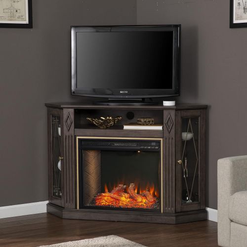  SEI Furniture Austindale Smart Fireplace w/ Media Storage, Brown/Gold