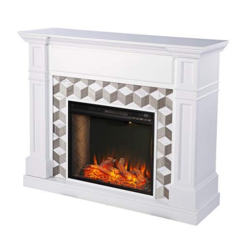  SEI Furniture Darvingmore Alexa Enabled Fireplace w/ Marble Surround, White/ Brown