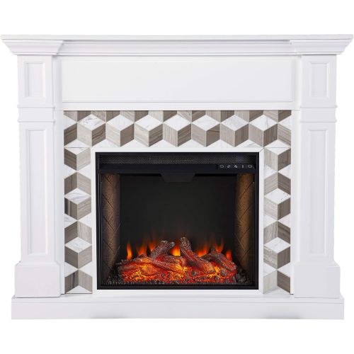  SEI Furniture Darvingmore Alexa Enabled Fireplace w/ Marble Surround, White/ Brown