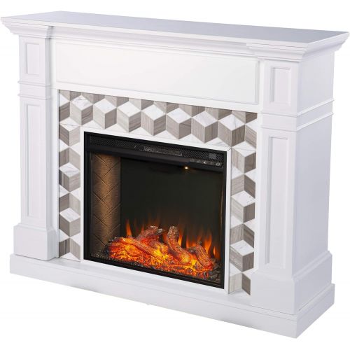  SEI Furniture Darvingmore Alexa Enabled Fireplace w/ Marble Surround, White/ Brown