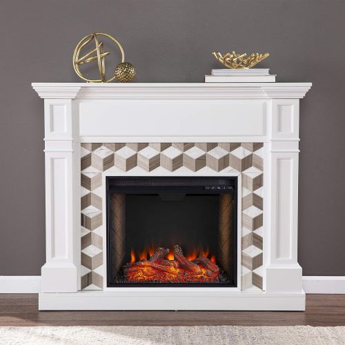  SEI Furniture Darvingmore Alexa Enabled Fireplace w/ Marble Surround, White/ Brown