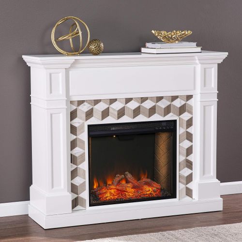  SEI Furniture Darvingmore Alexa Enabled Fireplace w/ Marble Surround, White/ Brown