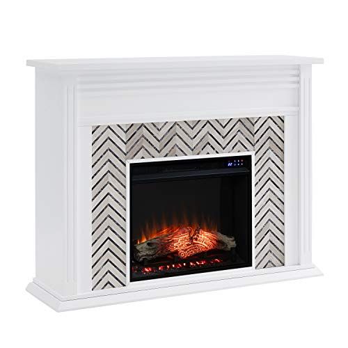  SEI Furniture Hebbington Carrara Marble Tiled Electric Fireplace, New White/Gray