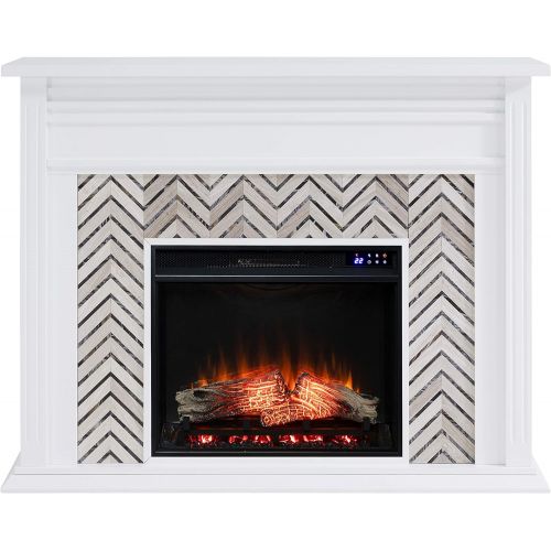  SEI Furniture Hebbington Carrara Marble Tiled Electric Fireplace, New White/Gray